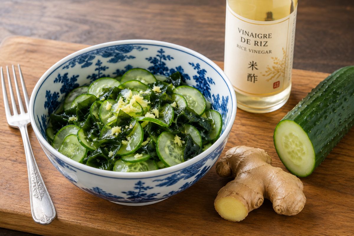 Salade de concombre au wakamé avec du gingembre finement gratté et du vinaigre de riz
