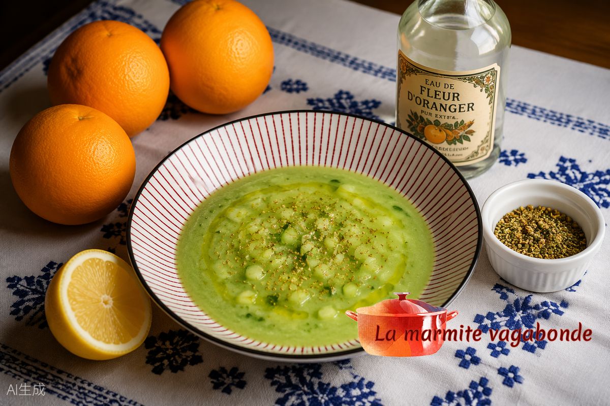 Nage de concombre froide à l'orange et au zaatar dans une assiette rayée rouge et blanc, posée sur une nappe blanche brodée au point de Fès bleu, entourée de trois oranges, un demi citron, une bouteille d'eau de fleur d'oranger et un ramequin de zaatar
